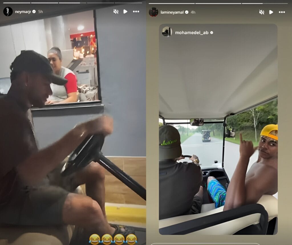 Yamal and Neymar having fun riding beach buggy