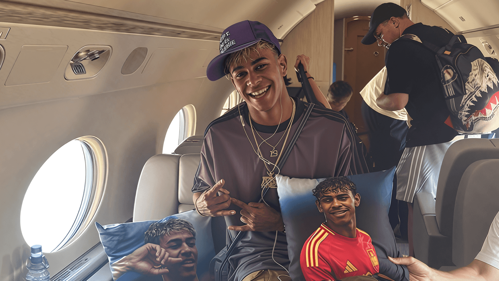 Lamine Yamal with custom pillows on Private Jet